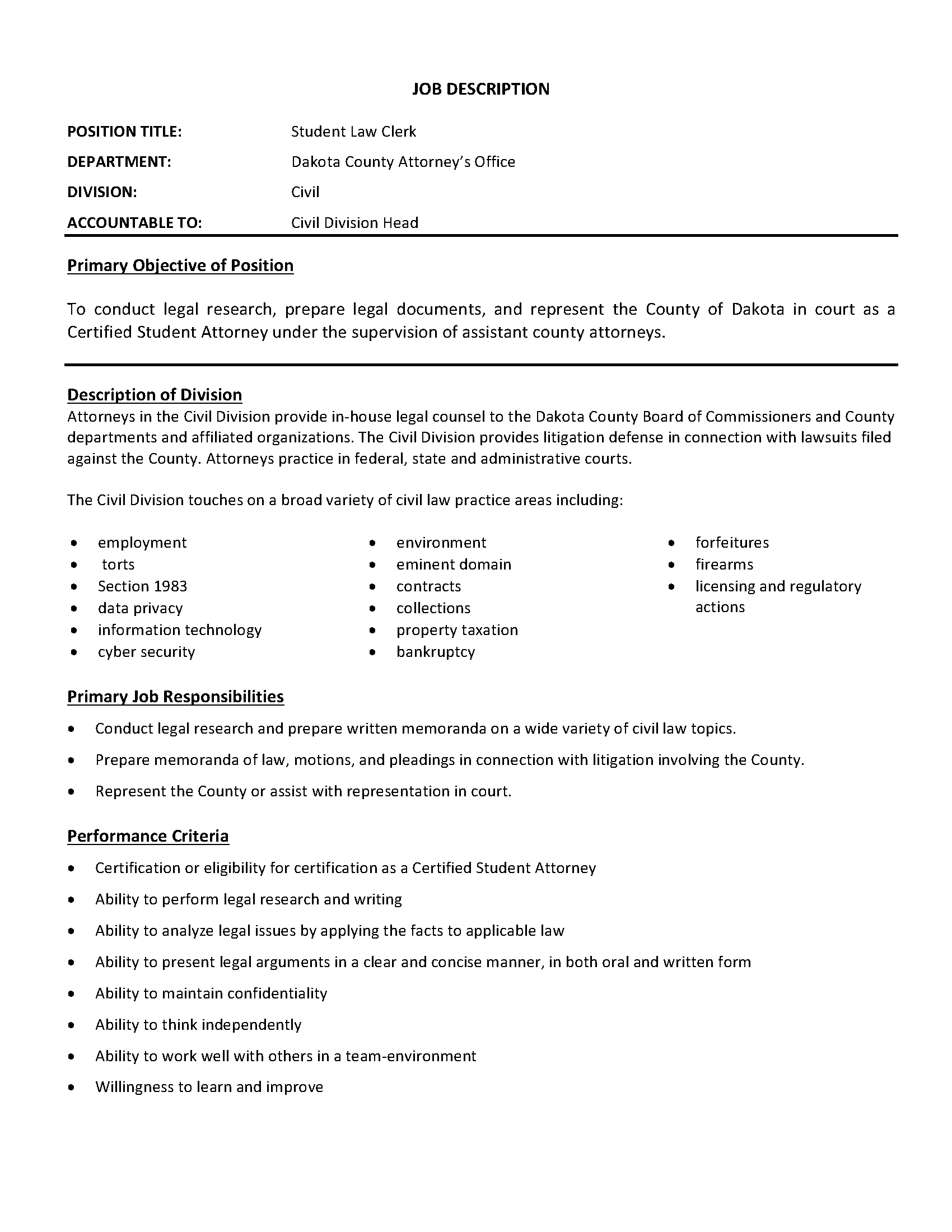 Student Law Clerk, Dakota County Attorney Civil Division ... Student Law Clerk, Dakota County Attorney Civil Division ...